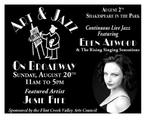 July & August 2006 Flint Creek Valley Arts Council
									<br>
									Recurring Ad
									  ♦  
									3⅝"W x 3"H<br>
									30# Newsprint