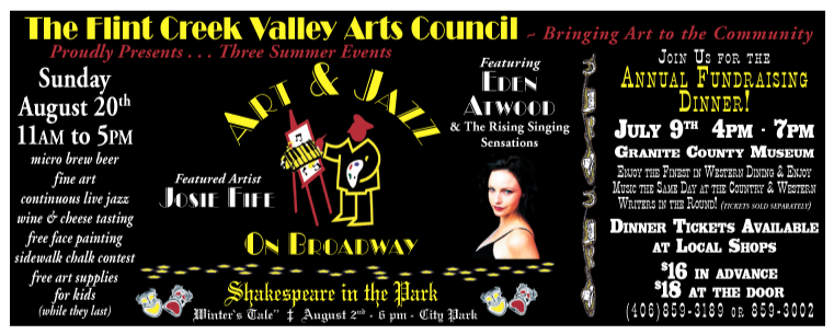 July & August 2006 Flint Creek Valley Arts Council
									<br>
									Page xx
									10⅓"W x 4"H<br>
									30# Newsprint